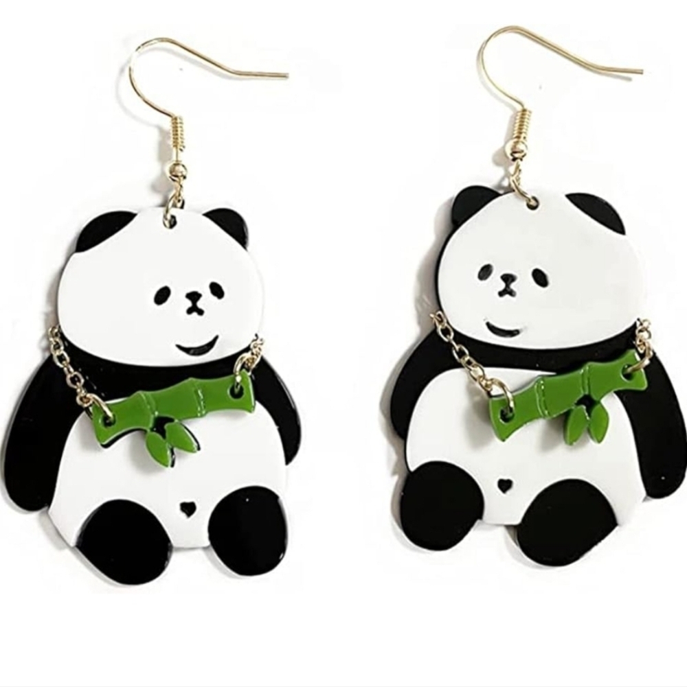 Panda Bear Earrings with Green Accent